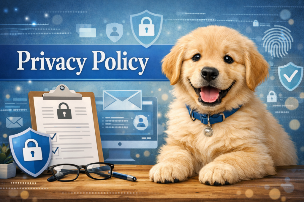 ゴールデンレトリバーの子犬とプライバシーポリシーをイメージしたアイキャッチ画像、PINE SIDE GR｜山口のゴールデンレトリバー犬舎【公式】