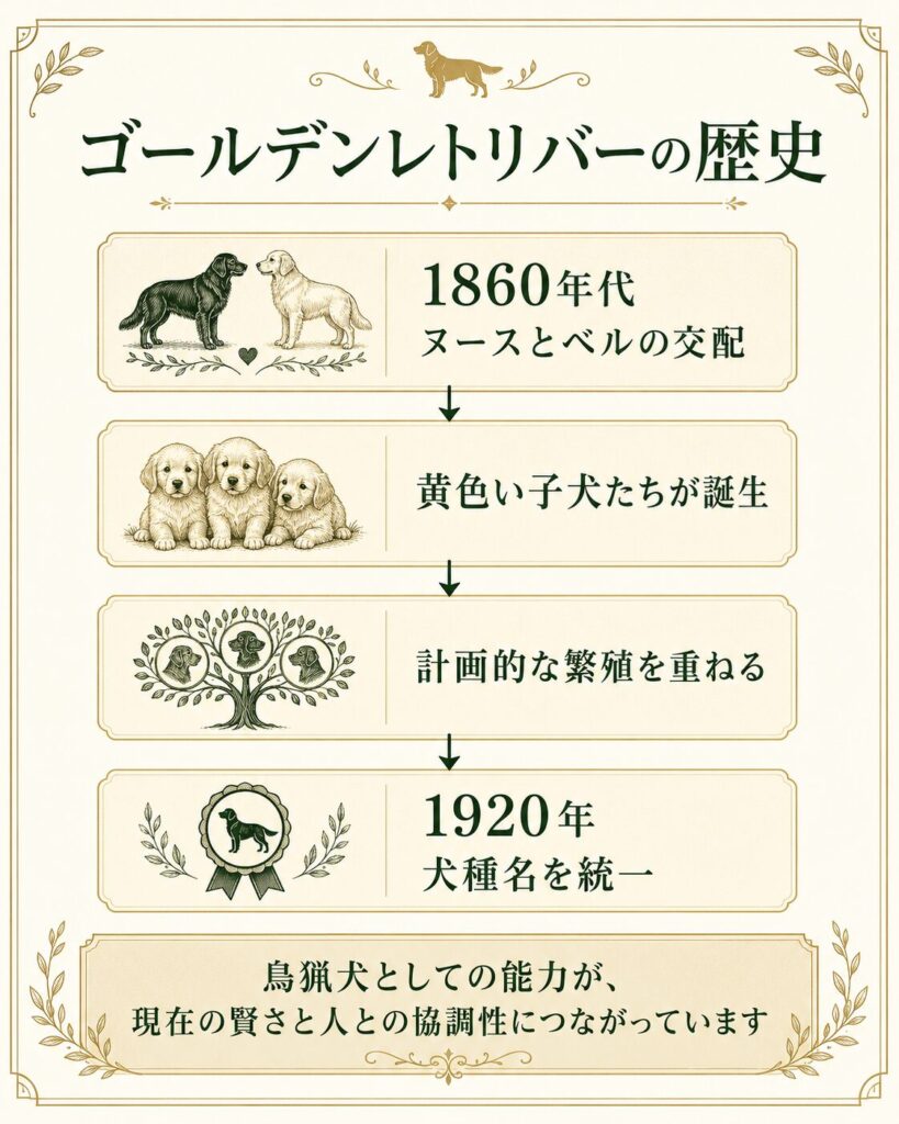 ゴールデンレトリバーの誕生から1920年の犬種名統一までを示した年表 | PINE SIDE GR｜山口県のゴールデンレトリバー専門ブリーダー・犬舎【公式】