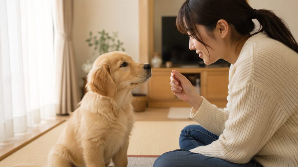 家庭内で飼い主とアイコンタクトを取るゴールデンレトリバーの子犬 | PINE SIDE GR｜山口県のゴールデンレトリバー専門ブリーダー・犬舎【公式】