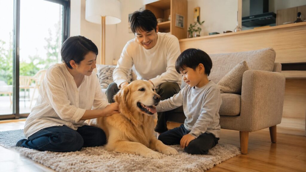 家族とゴールデンレトリバーがリビングで過ごす日常風景 | PINE SIDE GR｜山口県のゴールデンレトリバー専門ブリーダー・犬舎【公式】